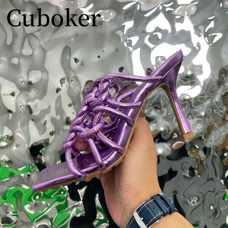 

New Arrival Summer Slippers Hollow Out Square Toe Slides Braid Leather High Heel Dress Sandals Women Gold Shoes Vacation Sandals