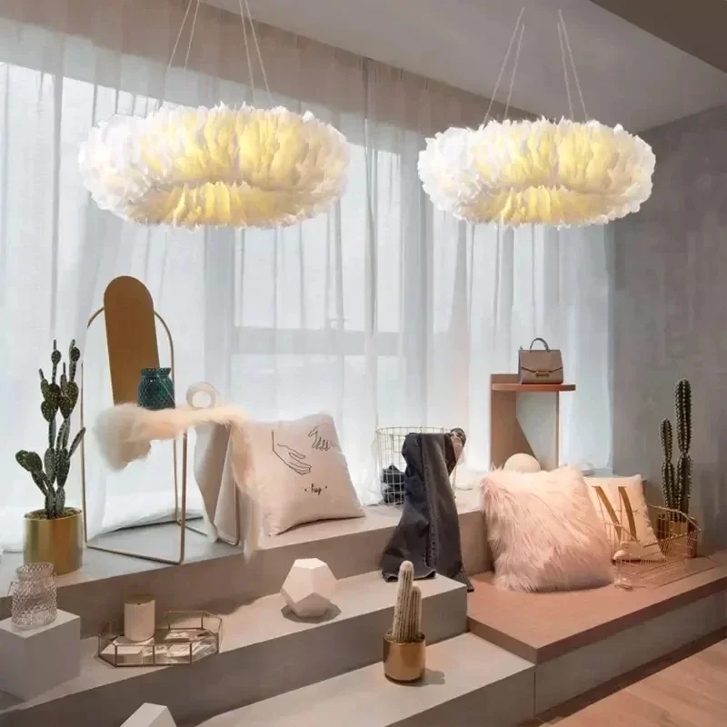 Nordic Led Ceiling Chandelier with Feathers Pendant Lamp for Bedroom Kitchen Dining Room Suspension Hanging Lighting