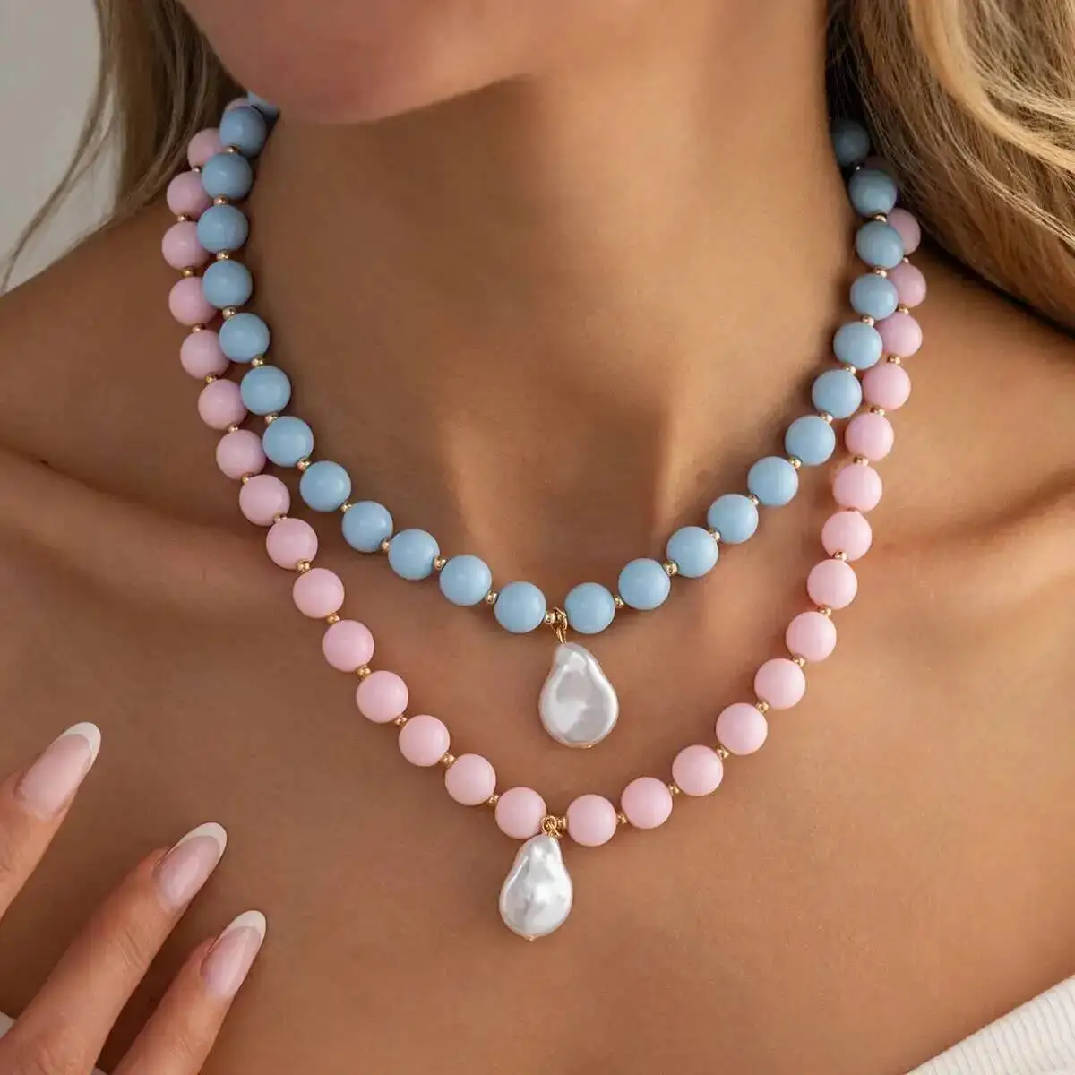 SHIXIN Y2K Bohemian Round Acrylic Colorful Beaded Necklace Women Baroque Irregular Imitation Pearl Pendant Chain Jewelry Gifts