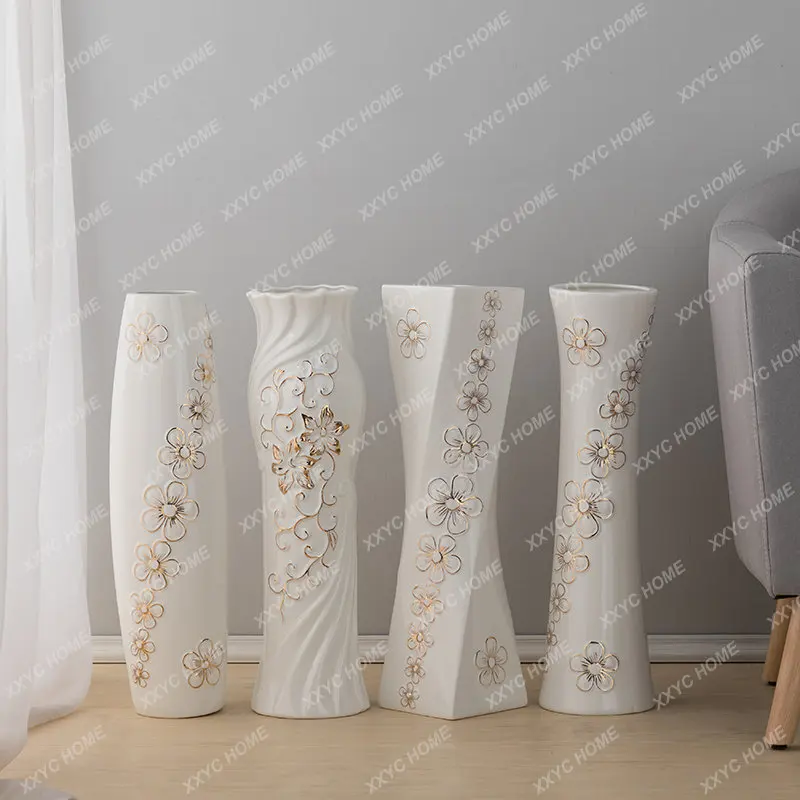 

White Ceramic Vase Large Floor Simple Modern Creative Decoration Living Room Dracaena Sanderiana Flower Arrangement Water