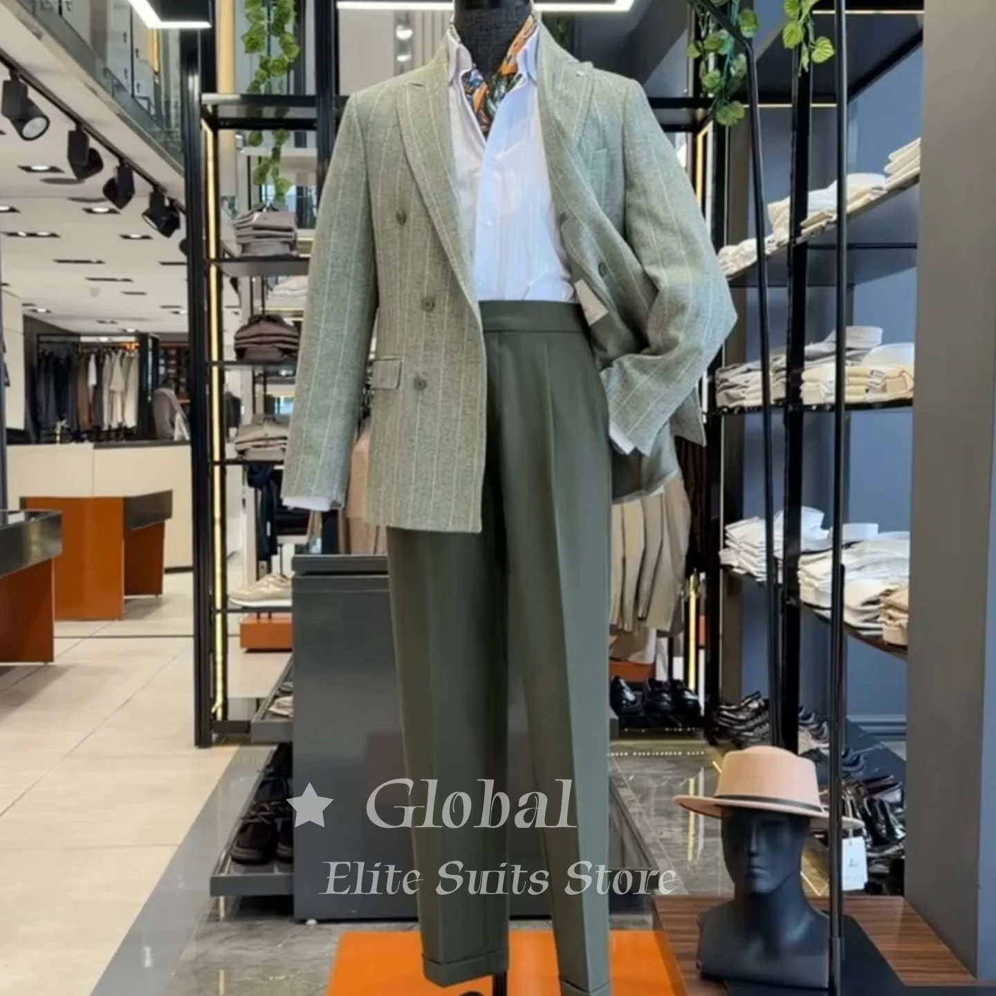Vintage Mens Light Green Pinstripe Suit 2 Piece Double Breasted Blazer And Solid Trousers Wedding Tuxedo Formal Customized