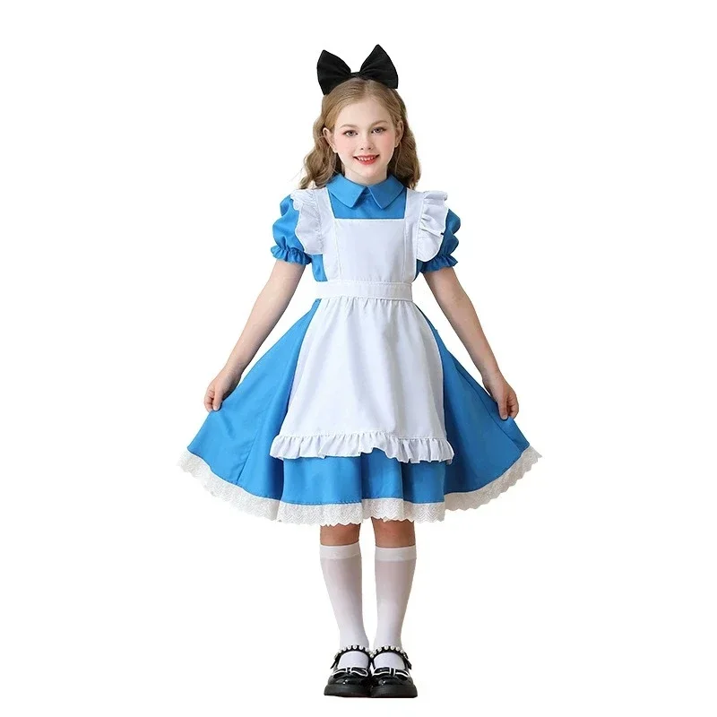 Children Blue Alice In Wonderland Halloween Costume For Kids Party Lolita Maid Dress Cosplay Fancy Carnival Costumes Girls - view 3