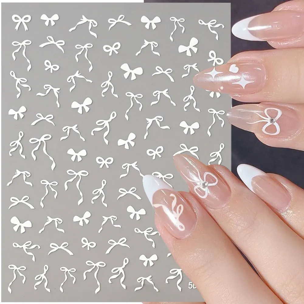 1Pc 5D Mini Black White Ribbon Bows Nail Stickers, Multi Styles Bowknot Ribbon Decals Self Adhesive Sliders Manicure Decorations