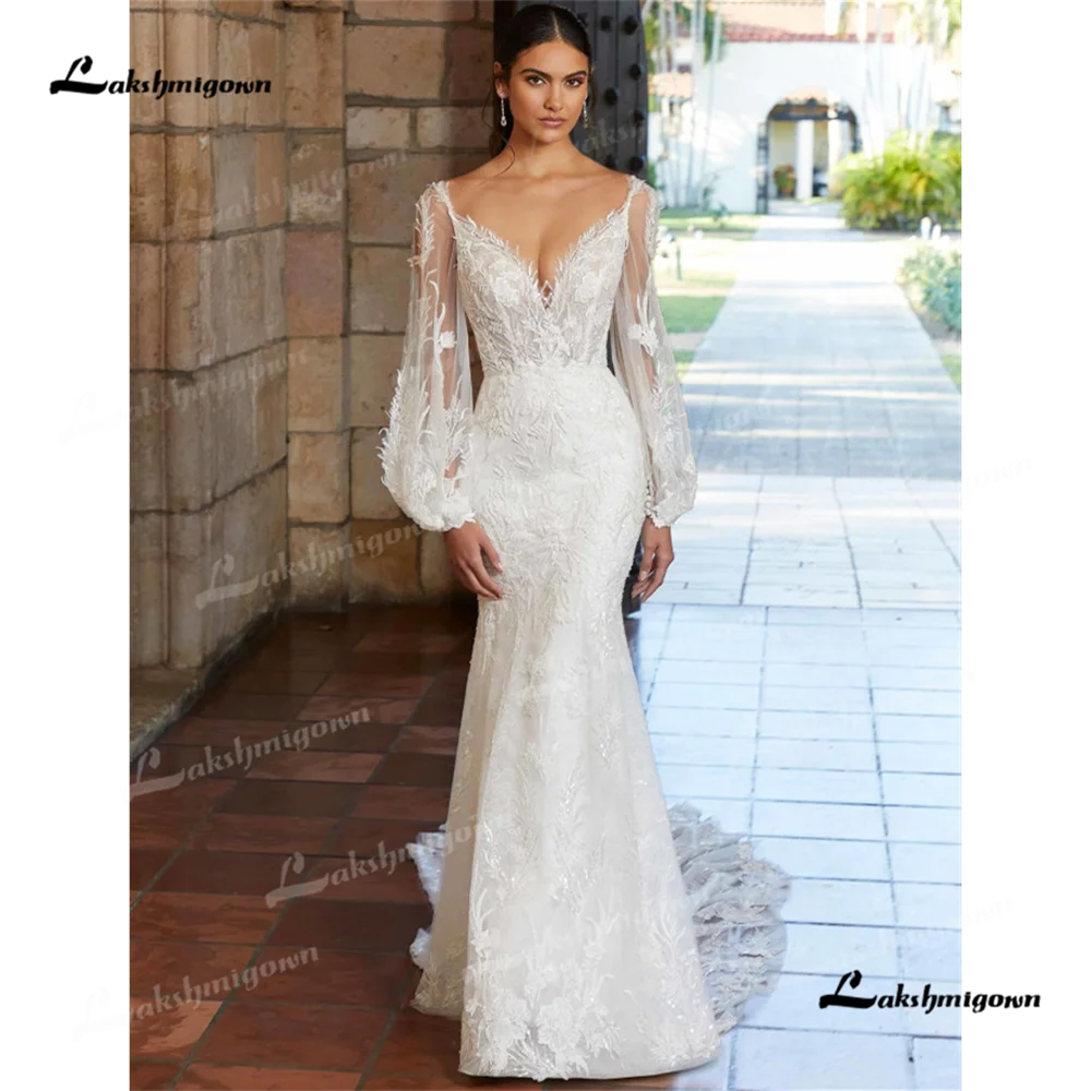 

Lakshmigown V Neck Mermaid Wedding Dress 2025 Long Sleeve Sweep Train Lace Autumn Wedding Gownrobe de mariéevestidos de boda par