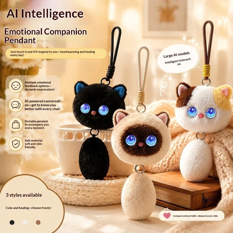 スマートai対話機能付き猫のぬいぐるみキーホルダー、声が出る猫のキャラクター、インタラクティブなチャット玩具、表情豊かな動く目、猫のバックパック用ペンダント、ギフトに最適。
