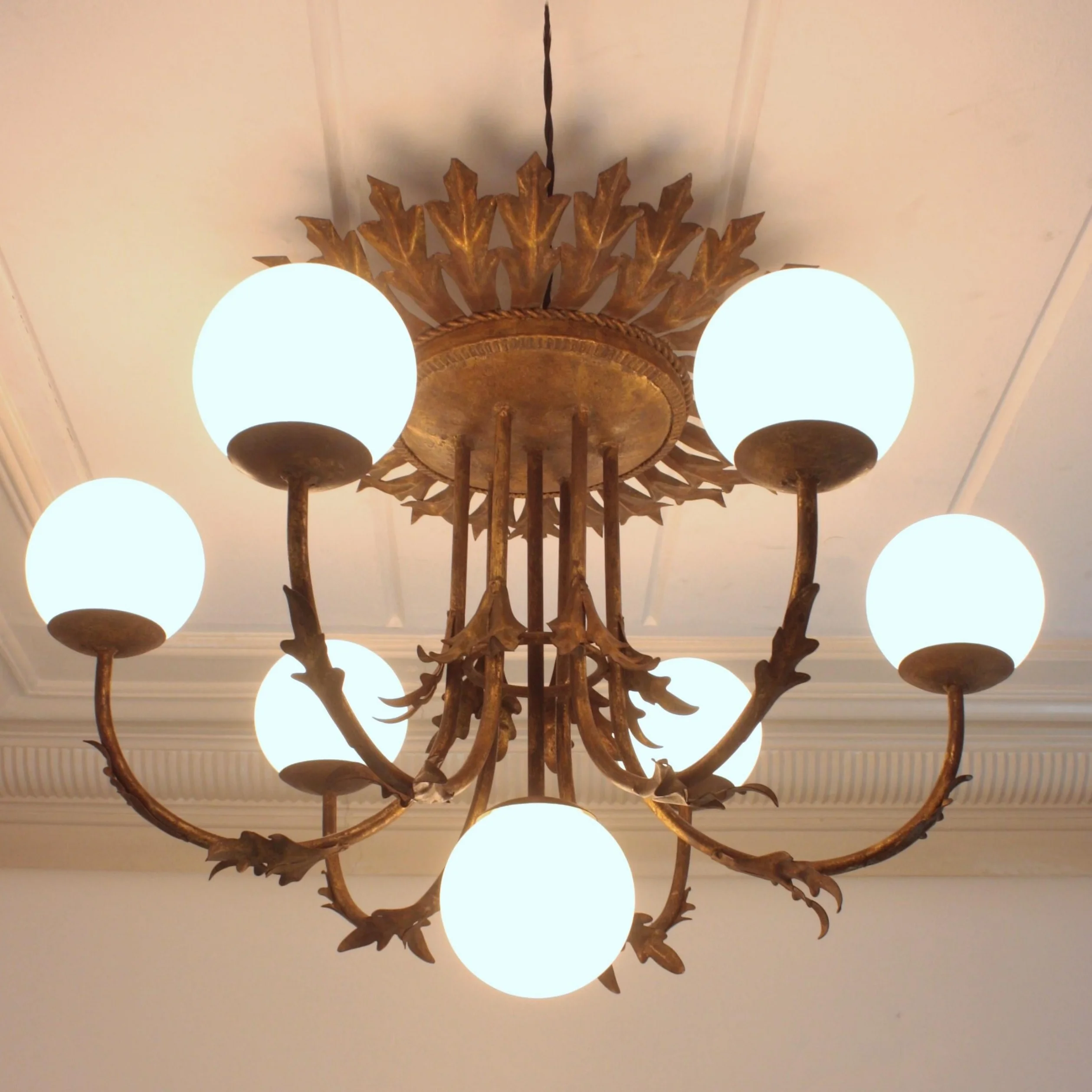 

Foliage Sunburst Glass Globe Flush Mount Ceiling Light in Gilt Wrought Iron with 7 Opaline Glass Globes for Living Room Hotel