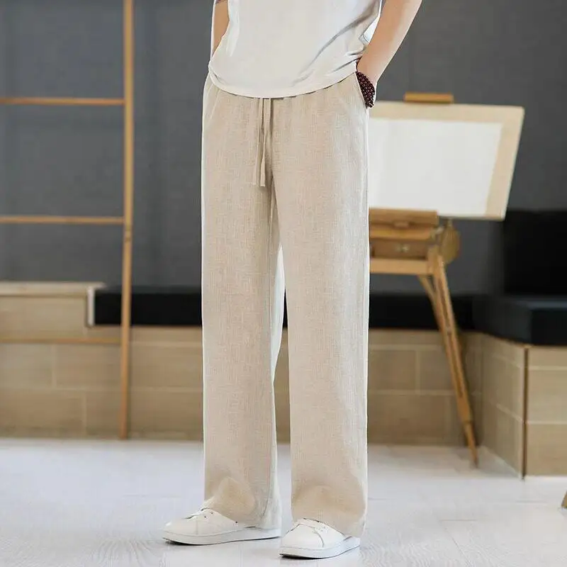 

Men's Summer Thin Quick Dry Ice Silk Casual Straight Leg Loose Fit Cotton Linen Trousers Fashionable Urban Style Low Waist
