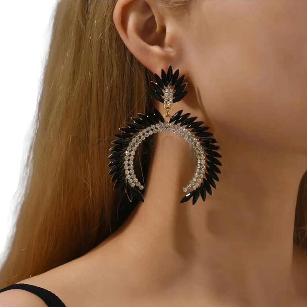 

Stonefans Black Semicircle Dangle Earrings Women Bridal Ear Accessories Romantic Design Crystal Statement Hanging Earrings Party