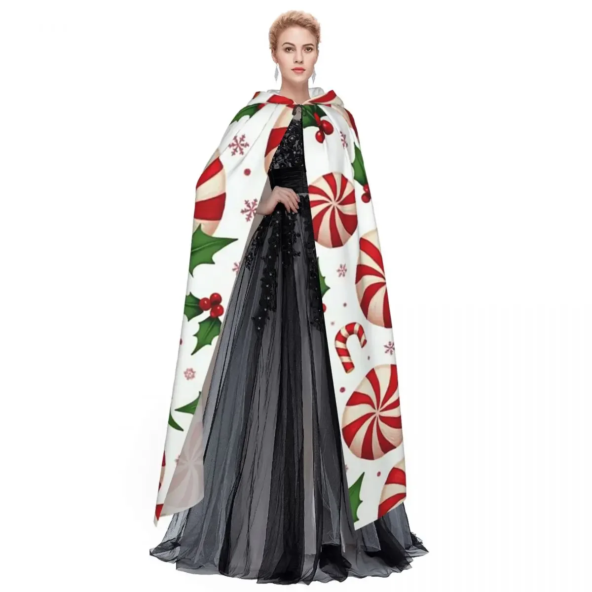 Peppermint Candy Swirl Pattern Long Hooded Cloak Witch Medieval Costume Cosplay Cape HalloweenVampire Adult