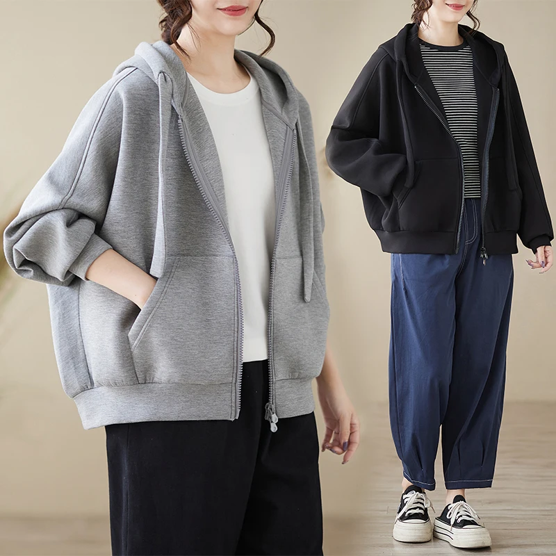 سويت شيرت نسائي بقلنسوة بتصميم خصر نحيف وسحاب أمامي وسترة خارجية متعددة الاستخدامات وبسيطة #1