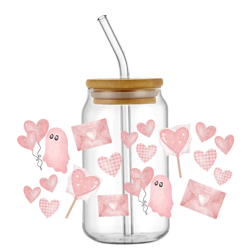 30+ Designs Fashion Cup Uv Dtf Transfer Wrap Sticker Diy 16 Oz Glass Cans Popular Heart Shape Element Design Waterproof Decals