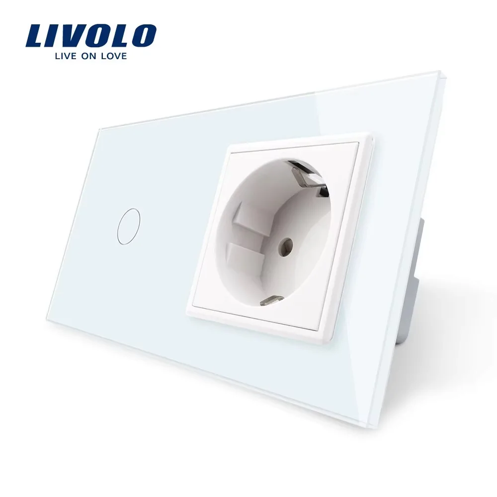 Livolo EU Standard Touch Switch with  Socket , Black Crystal Glass Panel, 16A EU Socket, VL-C701-12 / VL-C7C1EU-12