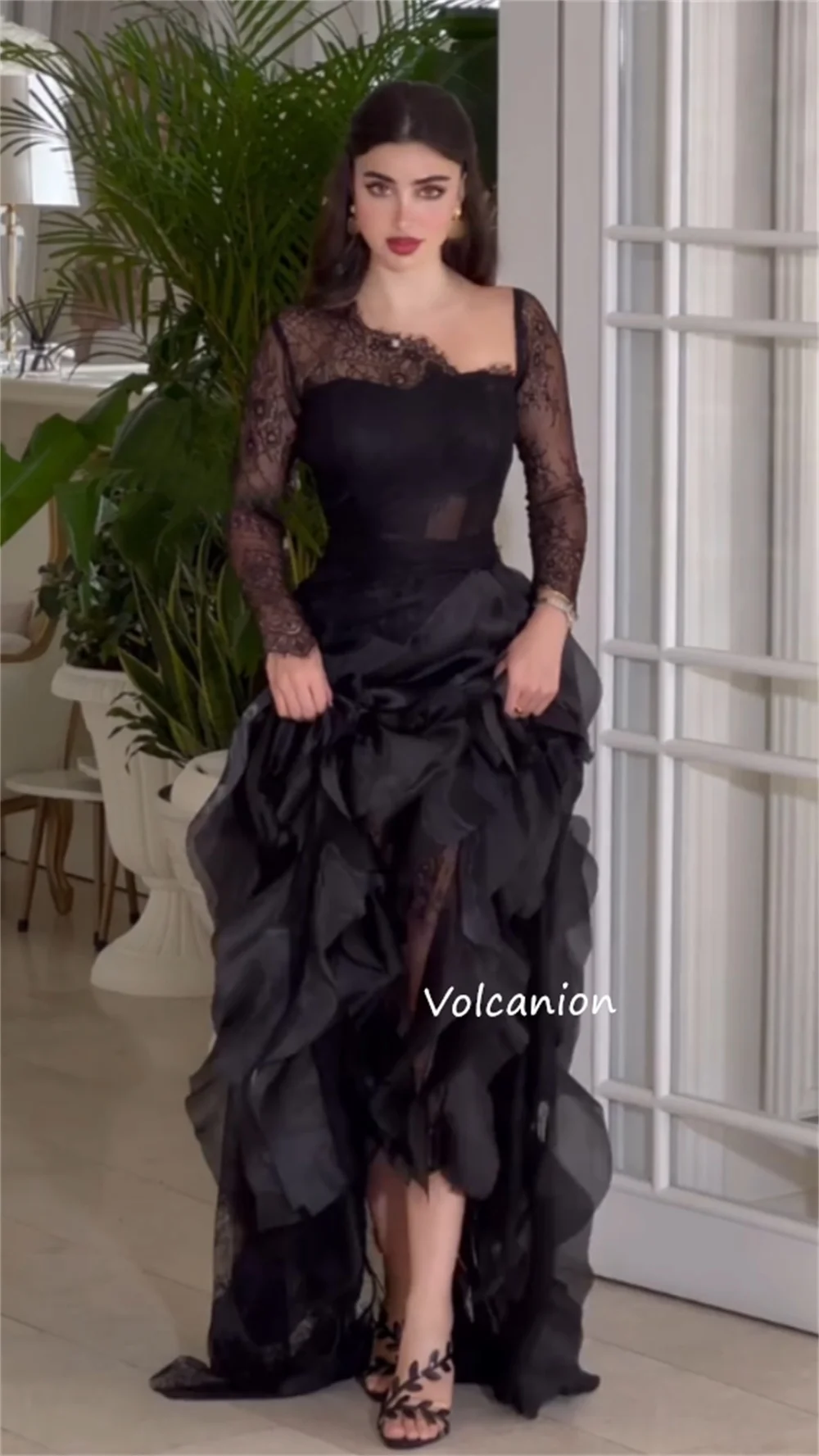 Customized Organza Ruffle Lace Asymmetrical Neck A-line Long Dresses Bespoke Occasion Simple Fashion Elegant Party