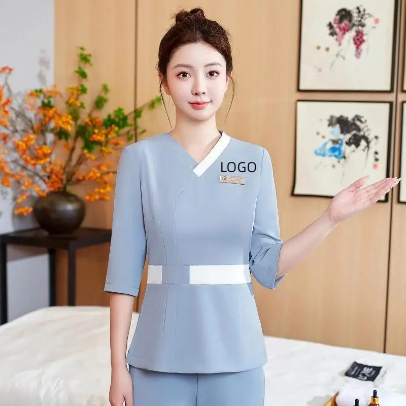 

Beautician Hotel Workwear Set Mid Sleeve Professional Attire Health Spa Massage Technician Suit Printed With Logo