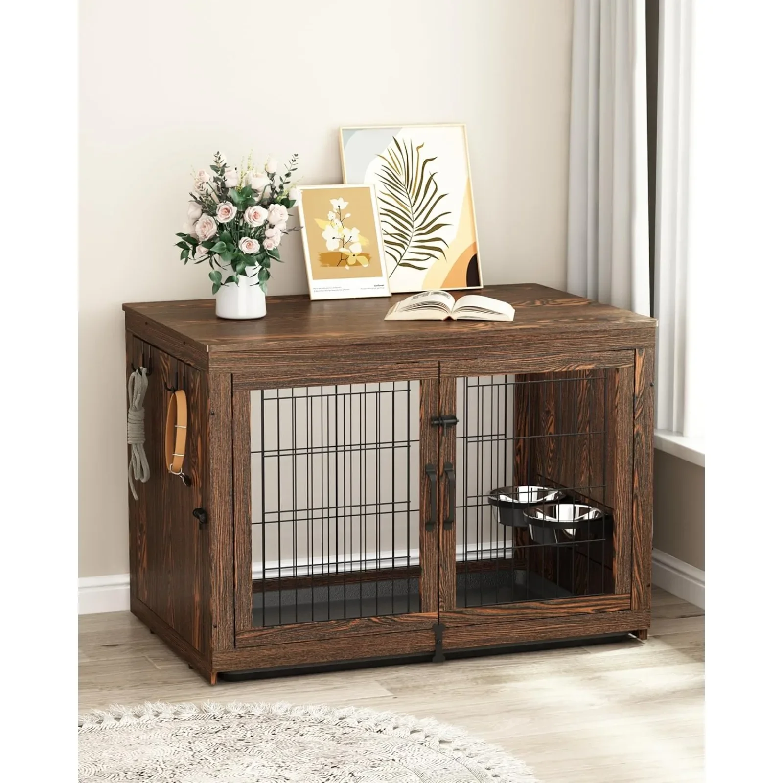 Wooden Dog Crate Furniture with 360°Rotatable Removable Bowls, Crate End Table with Tray, Double Doors