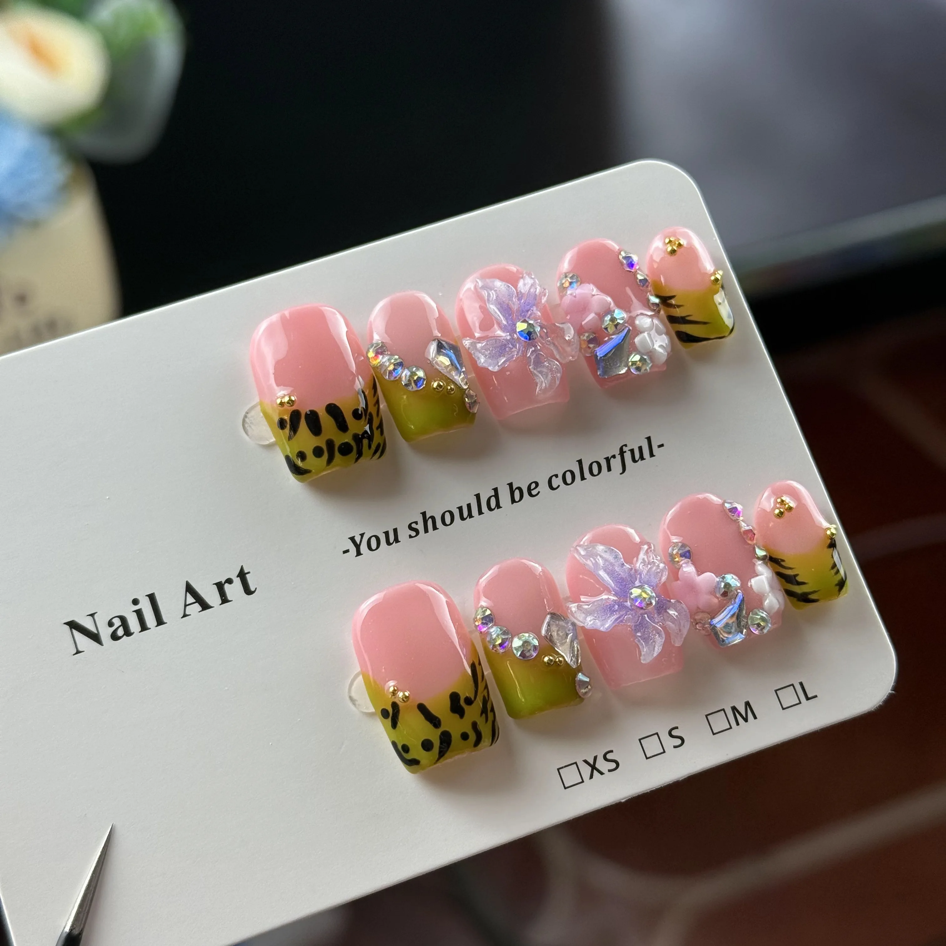 10 قطع من الطراز الحلو والرائع الراقية، طباعة الفهد الأخضر الكريمي، منحوتات ثلاثية الأبعاد مرسومة يدويًا، ألماس لامع