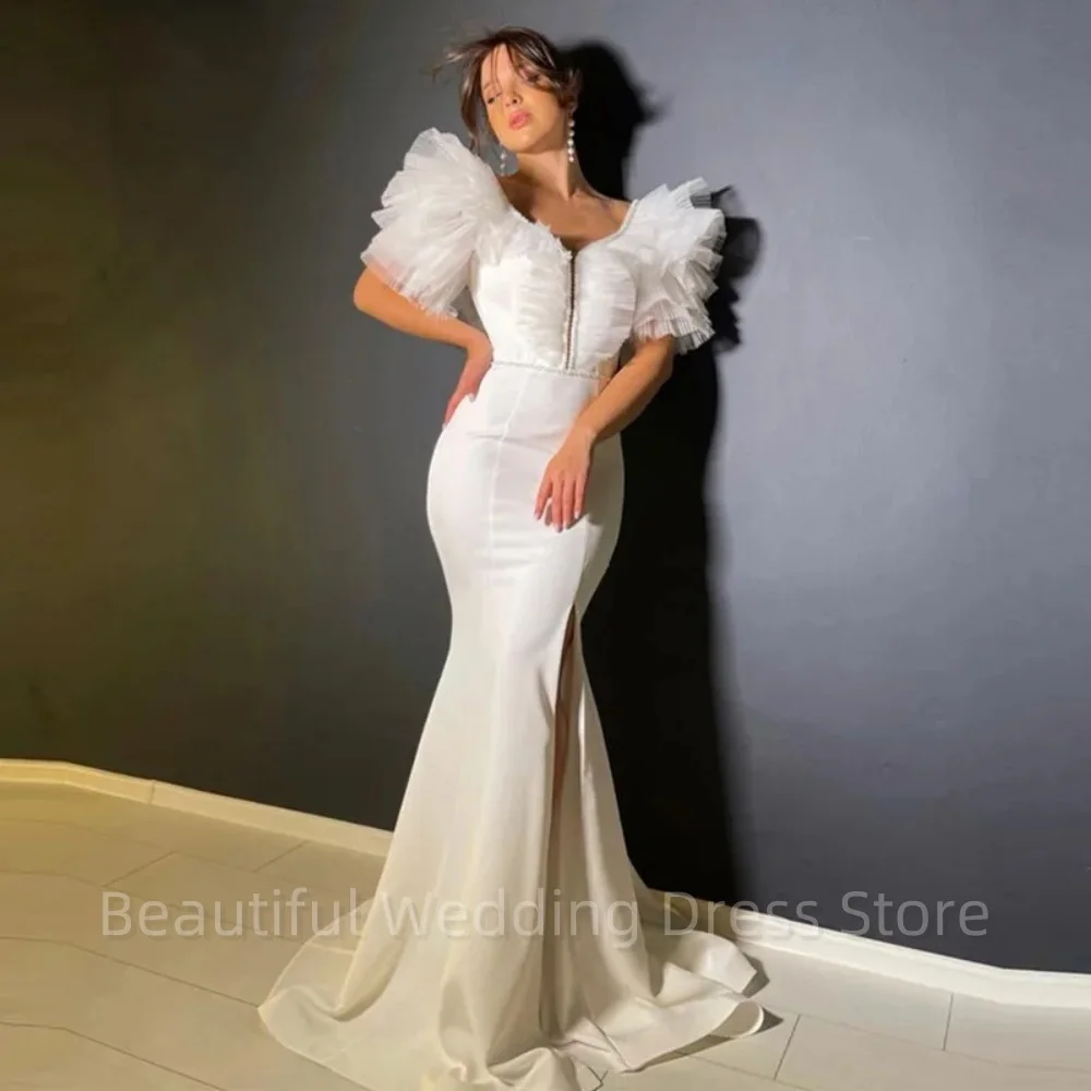 

Graceful V Neck Mermaid Wedding Dresses With Ruffles Short Sleeves Slit Open Back Bridal Gowns White Women Long Formal Dress