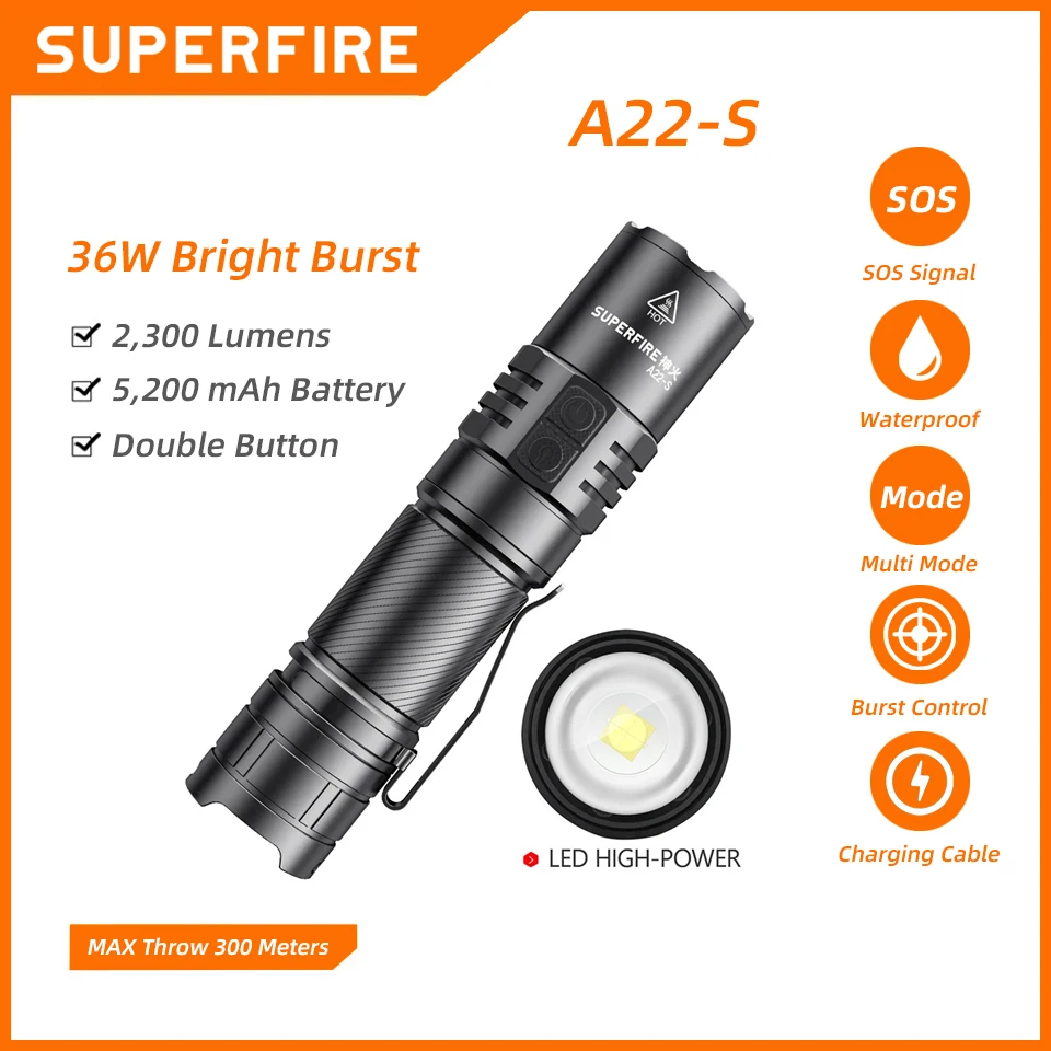 

SUPERFIRE A22-S Rechargeable Torch 36W Tactical Flashlights Zoomable LED 2300lm Power Indicator USB C with Gear Memory Function