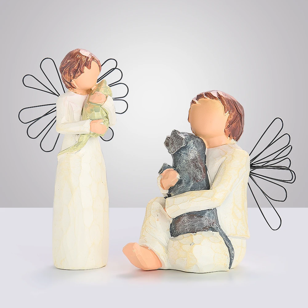 Angel Wood Carving Parent Child Ornament Sitting Holding Pig Standing Cuddle Cat Cartoon Home Decor Toy Valentine's Couple Gifts