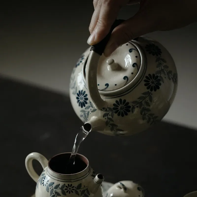 Underglaze Ceramic Teapot with Rattan Handle for Outdoor Charcoal Stove Traditional Chinese Kung Fu Tea Set Warm Brewing Pot