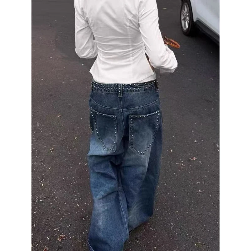 ZHIZOU Women Blue Gothic Y2k Rivet Jeans Harajuku Vintage Hip Hop Denim Trousers Aesthetic 2000s Oversize Boyfriend Jeans Pants