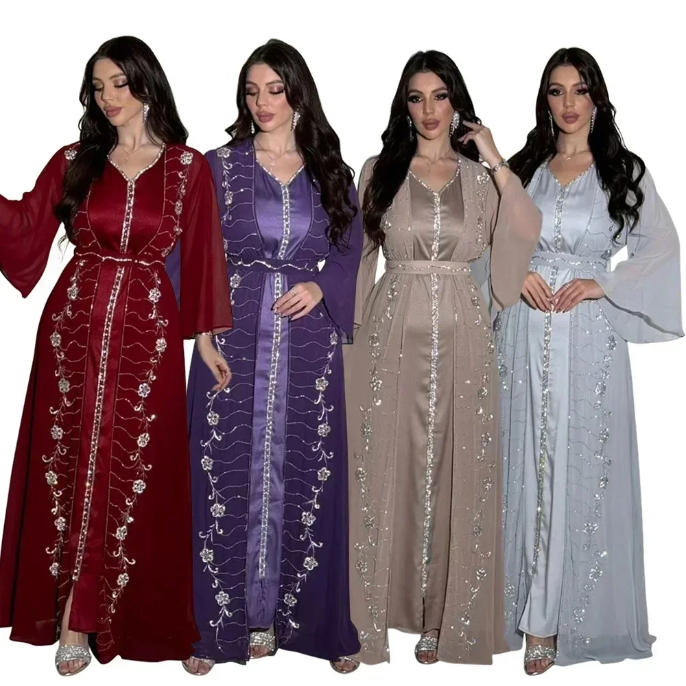 

Eid Ramadan Diamond Party Dress Women Muslim Dubai Abaya Inner Dress Chiffon Kaftan Robe Turkey 2 Piece Set Jalabiya Party Gown