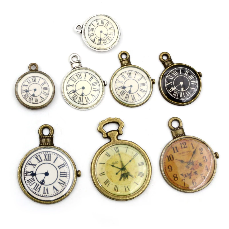 8pcs Antique Bronze Silver Plated Clock Handmade Charms Pendant:DIY for bracelet necklace