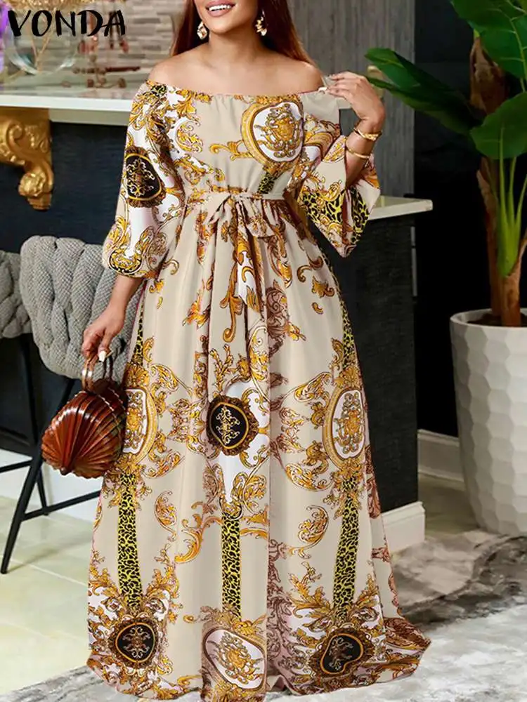 VONDA Bohemian Maxi Robe Women Printed Party Dress 2023 Sexy Off Shoulder Long Lantern Sleeve Sundress Belted Vintage Vestidos