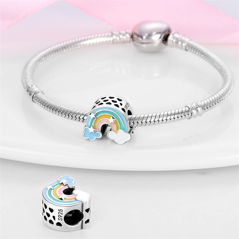 Sweet Romance 925 Silver Cloud Rainbow Unicorn Shining Dreamy Charms Beads Fit 3mm Original Bracelets DIY Fine Jewelry Making