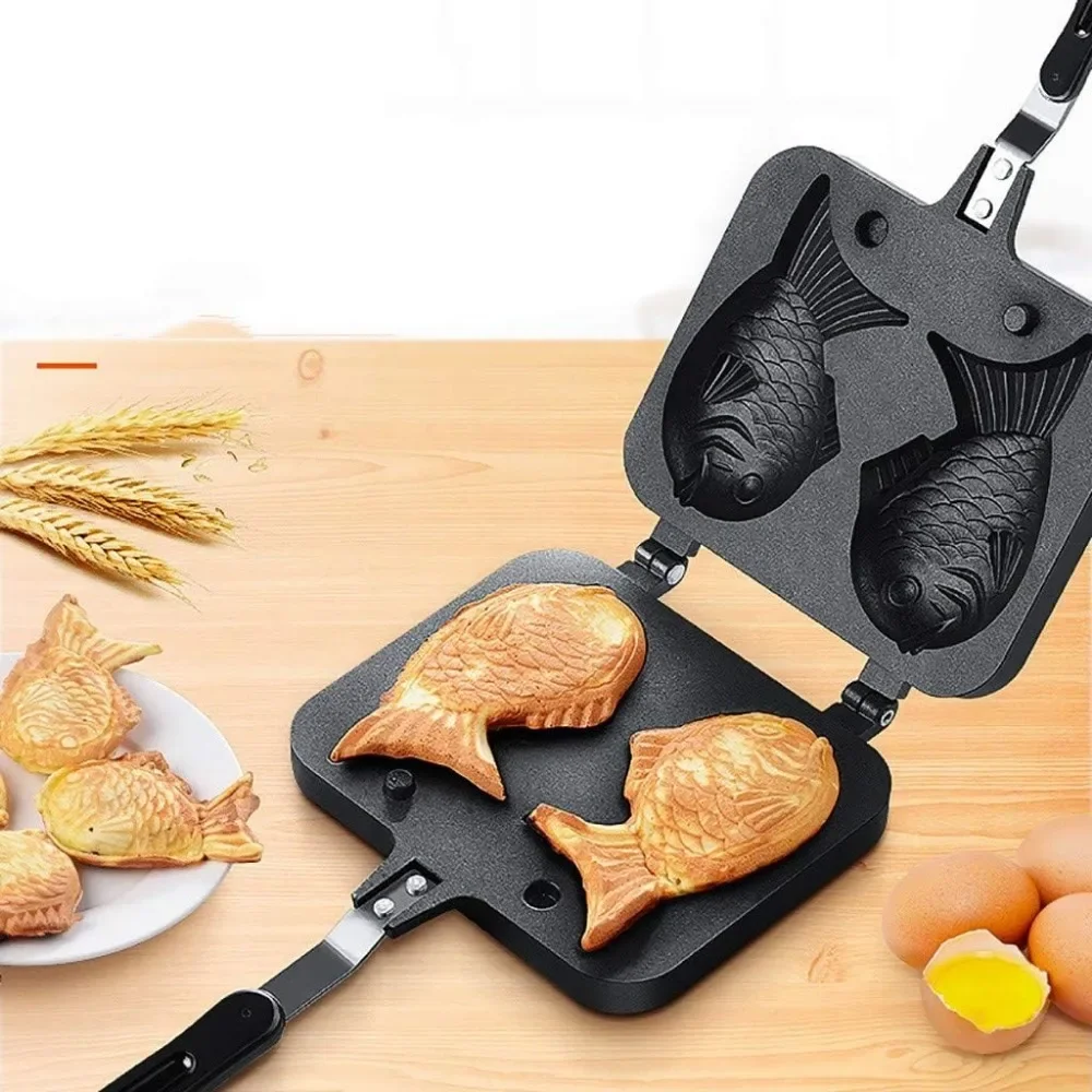 Kitchen Japanese Taiyaki Double Fish Shaped Hot Dessert Waffle Cake Maker Pan Japanese Pancake Double Pan Fry Pan Waffle Molds