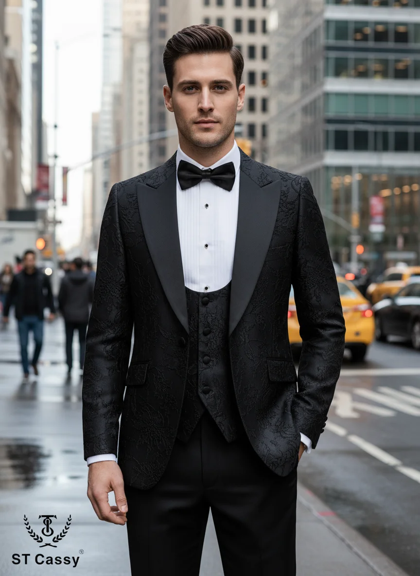 

ST Cassy High Quality black Men's suits Retro carving Party Dress Men's blazer black Male Groom Wedding 3-piece Jacket for men