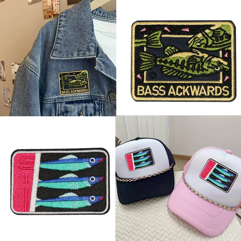 1 Juego de parches bordados de sardina Can Bass Ackwards, insignia inspiradora de moral amante de Narure para ropa, chaqueta, sombrero de camionero, regalo DIY