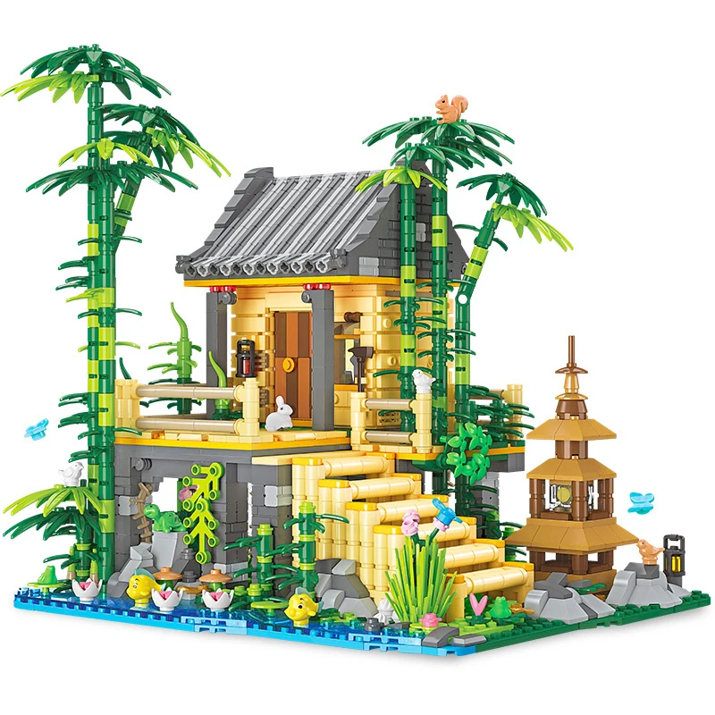 Panda Bamboo Hut ชุดบล็อกอาคาร MOC 59093 Forest House ฉากสถาปัตยกรรมจีนอิฐ DIY ไอเดียของขวัญของเล่นเด็ก Aldult