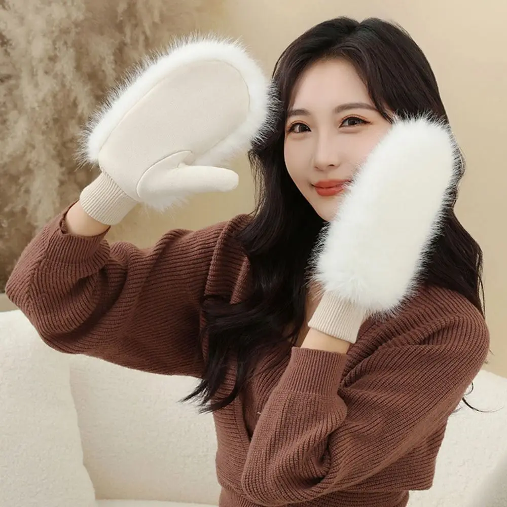 2025 جديد تقليد الأرنب الفراء يندبروف قفازات لينة أصابع كاملة الشتاء قفازات دافئة سميكة الدافئة بطانة النساء القفازات الطقس البارد