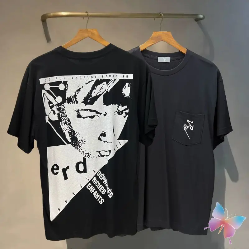 

Summer American Retro Street Black Short Sleeve ERD T-shirt Portrait Silhouette Print Embroidered Letter Pocket Tshirt Men Women