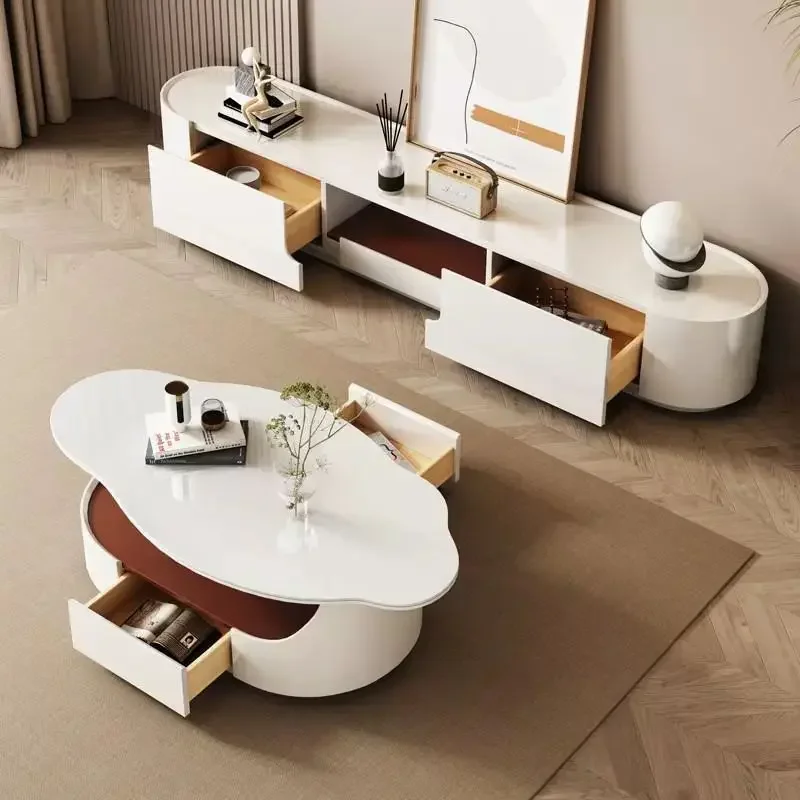 طاولة قهوة كريمية بسيطة، فاخرة خفيفة، شقة صغيرة راقية، غرفة معيشة بتصميم منزلي #4