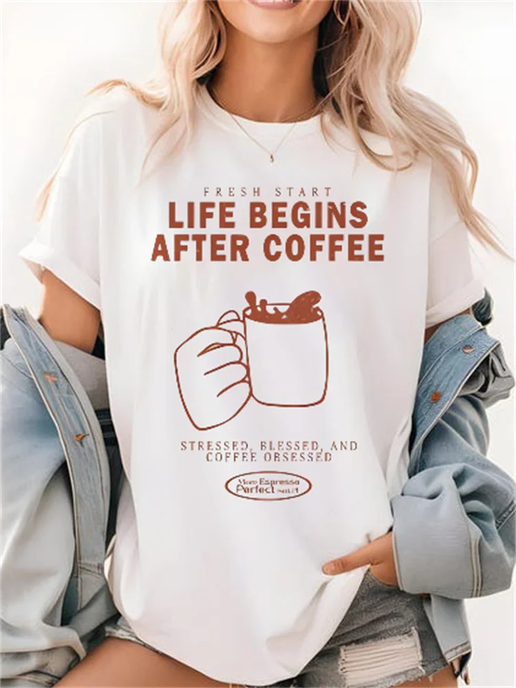 Coffee Nice Day Pattern Printed Retro T-Shirt Printed Women's Street Casual Short Sleeve Round Neck Style Travel Summer T-Shirt