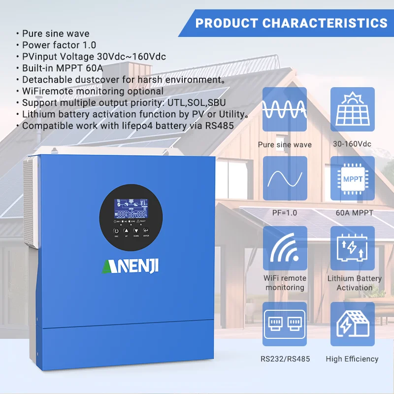 ANENJI 2000W 12V Inverter solare ibrido MPPT Onda sinusoidale pura Off-grid Inverter 230V Caricatore solare 60A integrato con batteria 12V