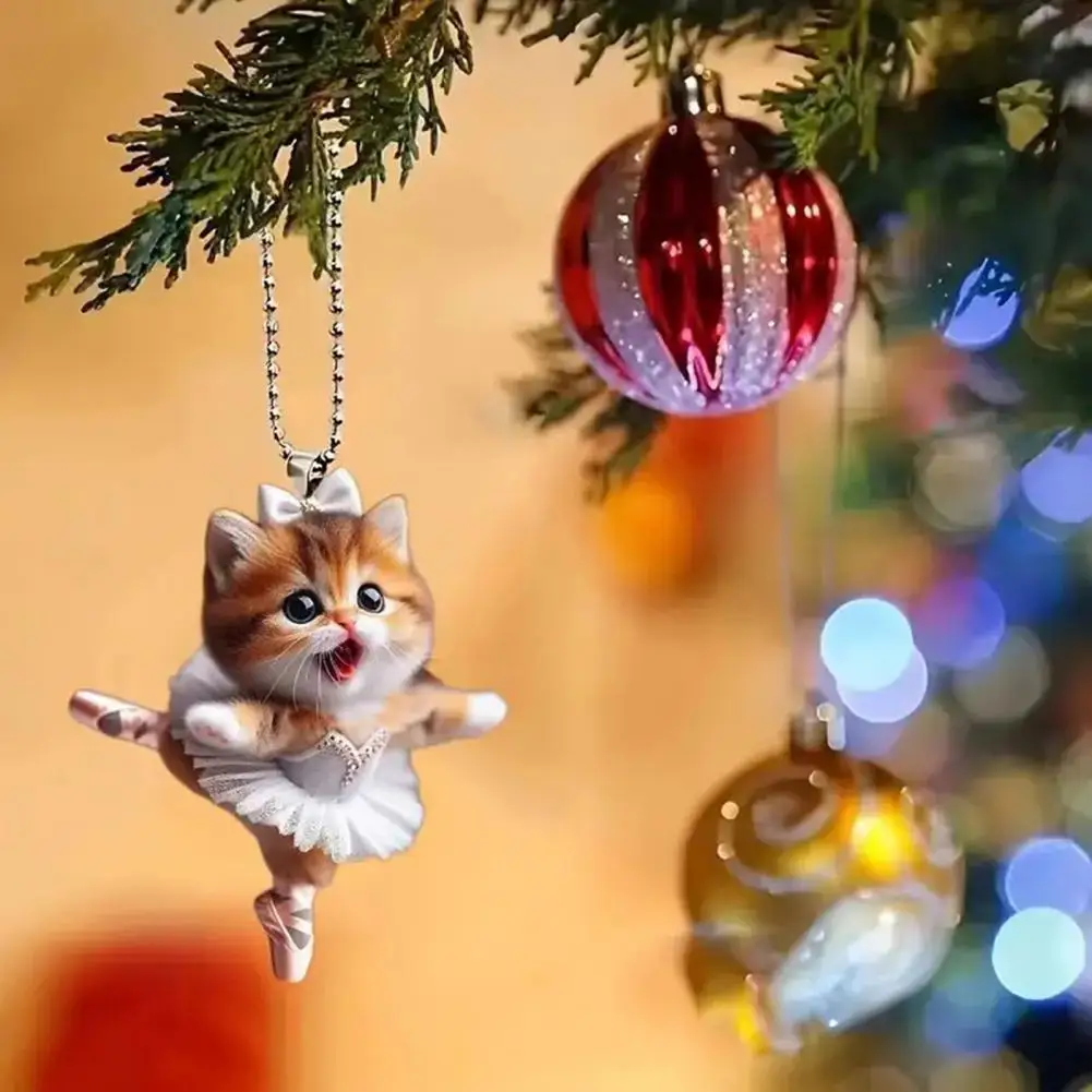 Ballet Kitten Car Ornament Acrylic Car Pendant Cute Cartoon Cat Christmas Tree Ornament with Lanyard Acrylic