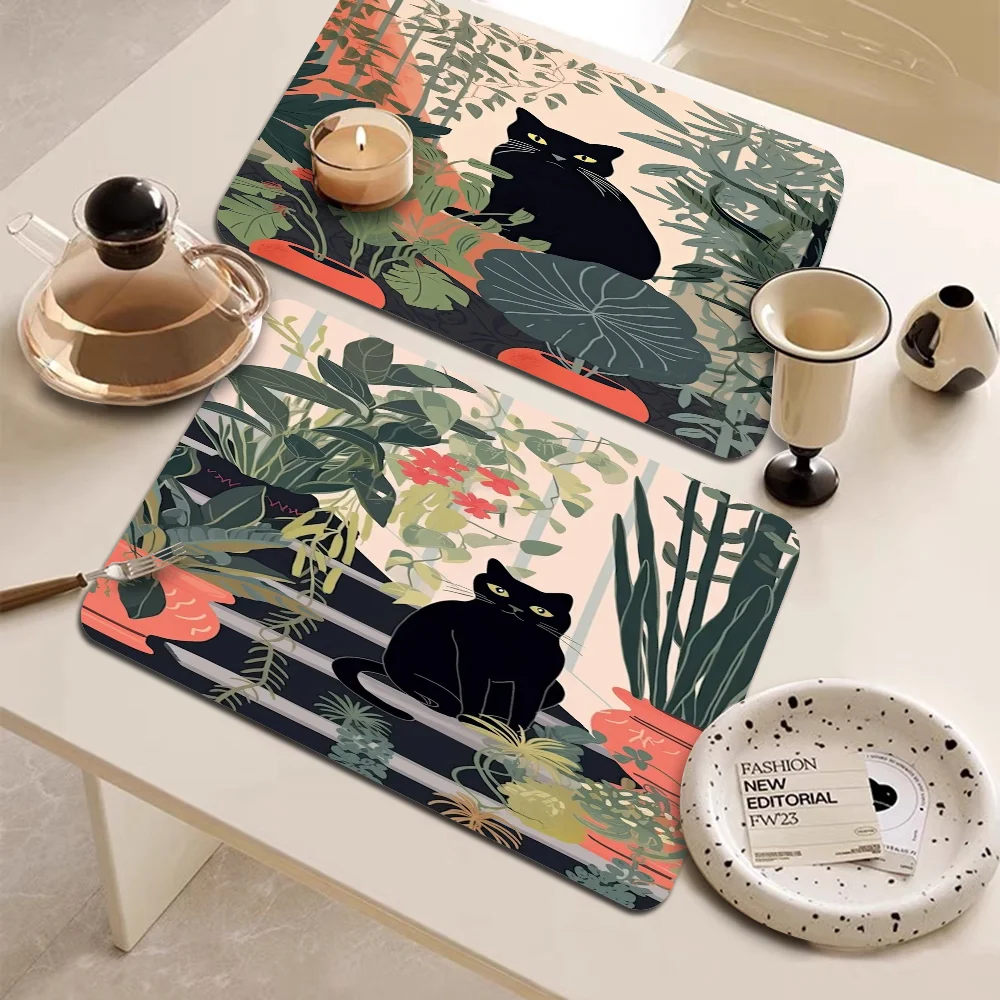 Abstract Green Plants Black Cat Quick Drying Dish Mat Printed Kitchen Tableware Coffee Draining Pad Cup Bottle Placemat