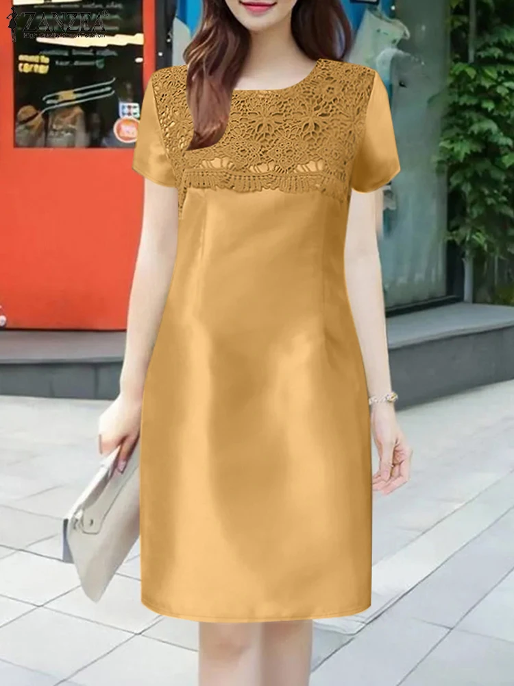 ZANZEA Damskie Sukienki Jednolite Kolorystycznie Krótki Rękaw Elegancki Dekolt O-Neck Satynowe Vestidos Do Pracy Koronkowe Wstawki 2025 Letnie Sukienki Do Kolan