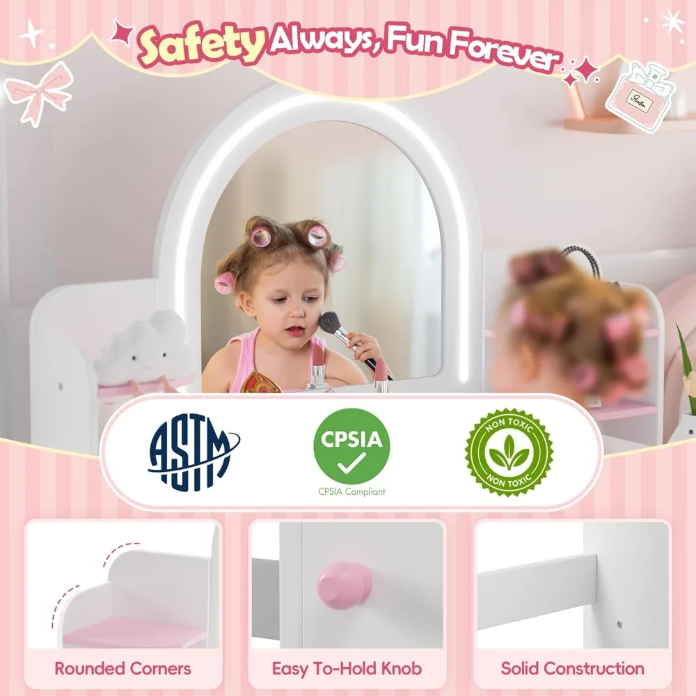 مجموعة مكياج الأميرة للأطفال مع مرآة مضيئة وتخزين ورف كتب