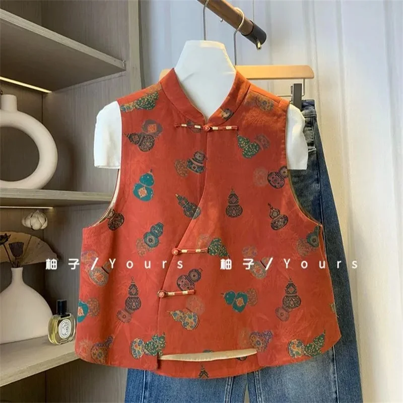 

Женские жилеты и куртки без рукавов: однобортный жилет в стиле ретро с принтом и пряжкой, жилет с воротником в национальном стиле, топ-куртка для женщин
