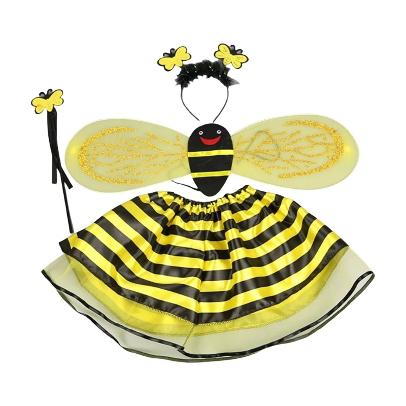 4 Pieces Bees Costume for Women Adult Striped Skirt Angel Wands Butterfly Wing Bees Headband Cosplay Props