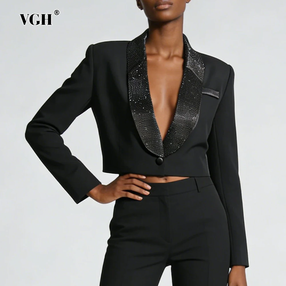 VGH Sexy Trend Solid Slimming Vintage Short Jackets For Women V Neck Long Sleeve Autumn Design Sense Jacket Female Fashion New