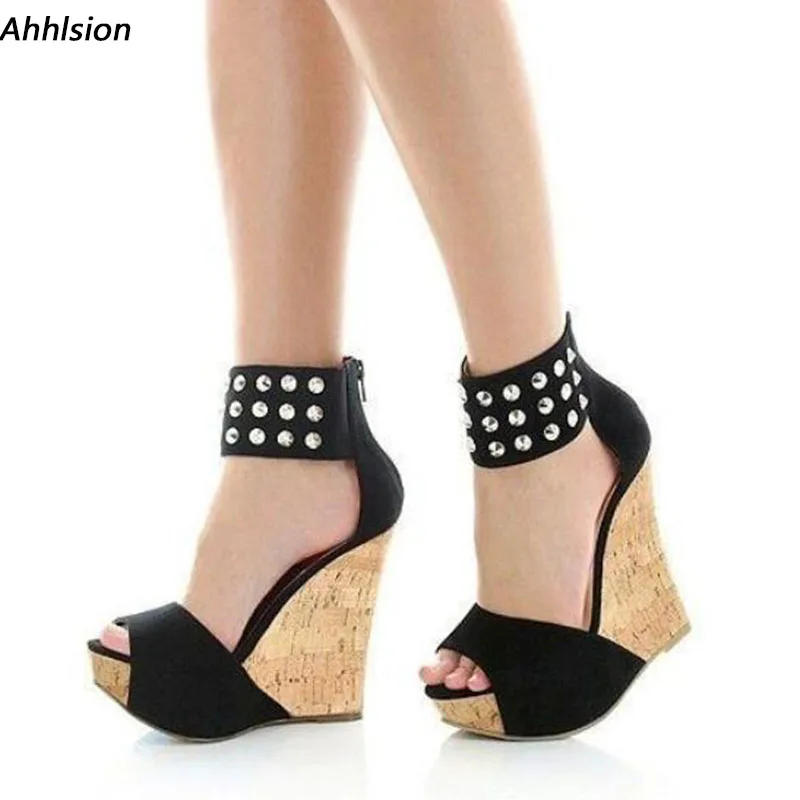 Ahhlsion Handmade Women Summer Sandals Studded Comfort Wedges Heeled Open Toe Elegant Black Party Shoes Ladies US Size 5-20