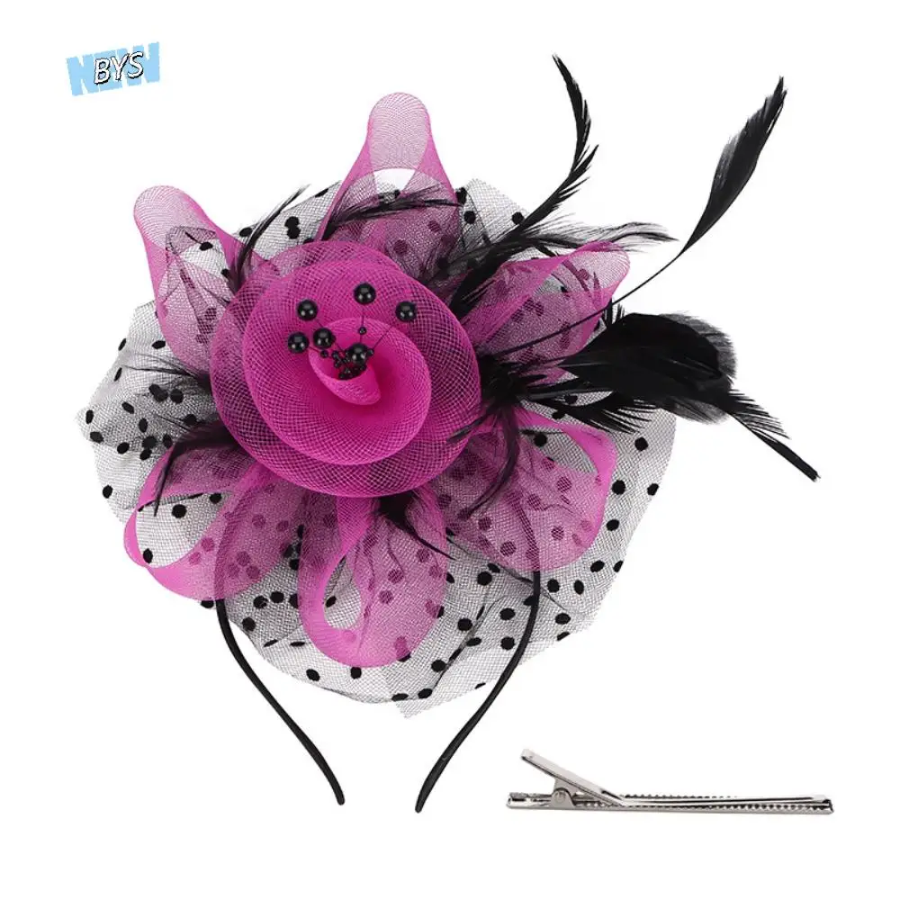 

Vintage Exquisite Feathers Fascinator Hat Elegant Polka Dot Tea Party Mesh Hair Band Sweet Hair Hoop Bride Headdress Dance Show