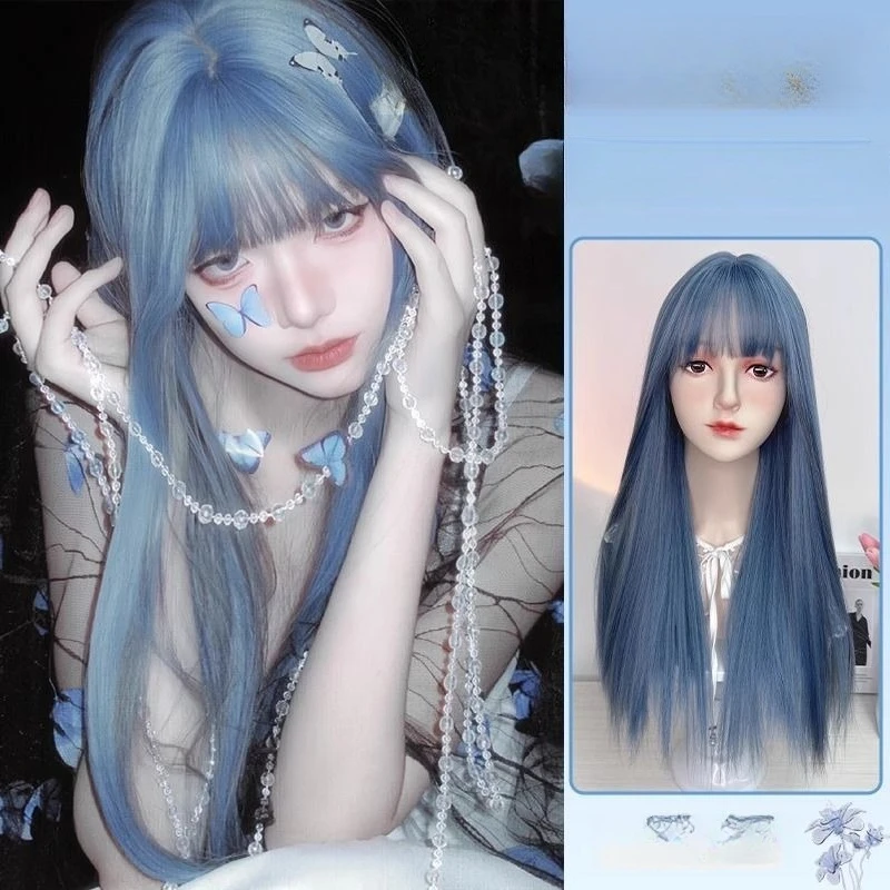 Synthetic Blue Wig for Women, Long Hair, Natural Simulation Full Head Cap Style, Air Long Straight Hair, Internet Celebrity Loli
