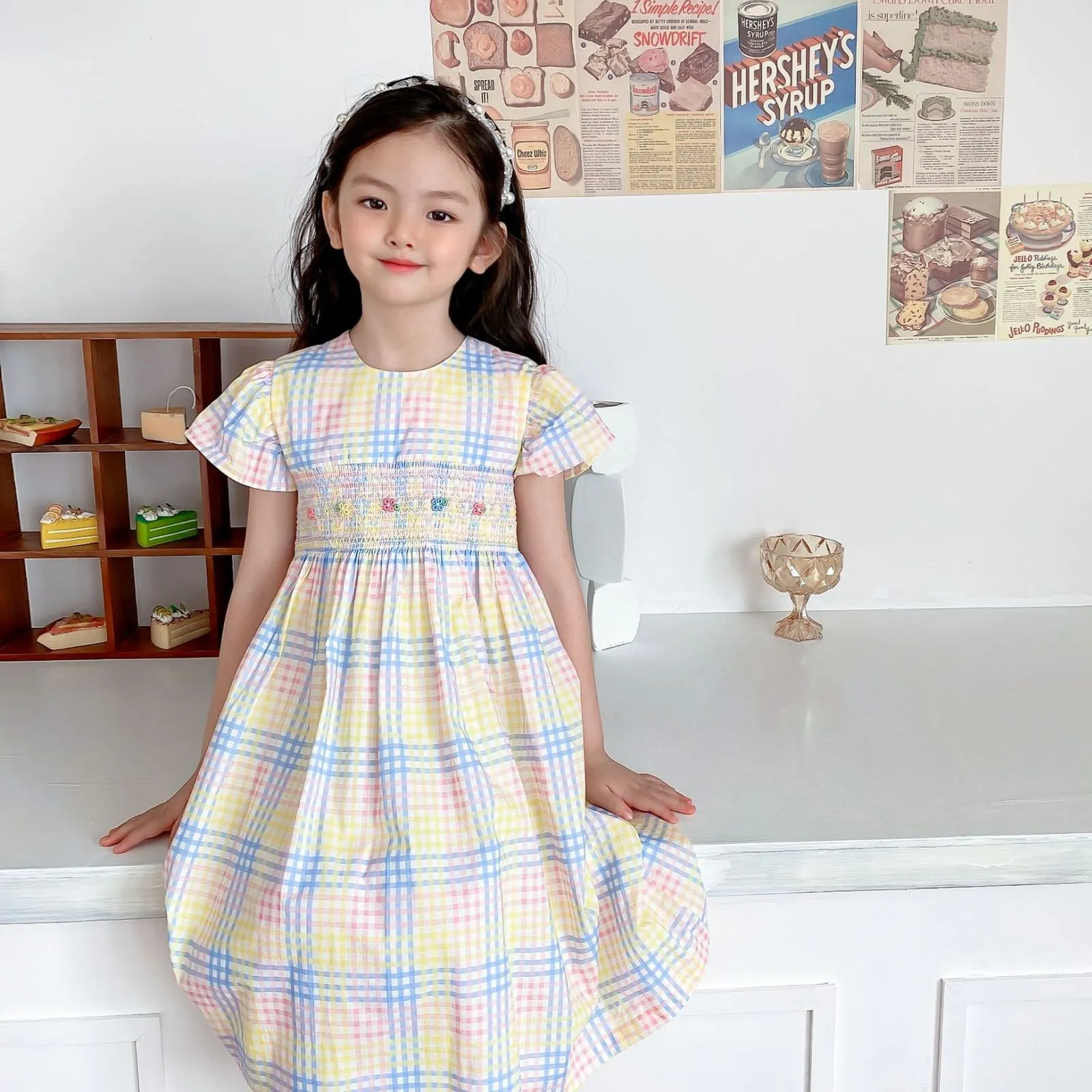 

baby girl clothes Girls dress Rainbow Plaid Flower Embroidered Flying Sleeve Dress summer baby girls clothes cotton dress