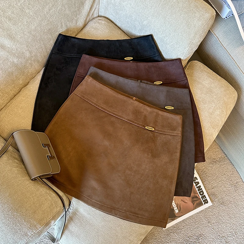 

Retro Suede Skirt Women's High Waist Slim Fit Korean Sle Commute ort Skirt Embroidered A-Line Skirt Stand Fit